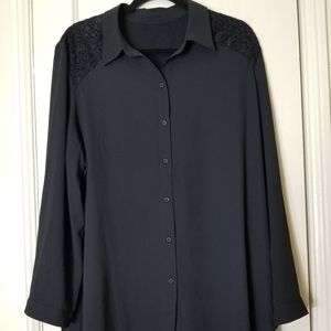 BLACK LACE INSERT 2X long sleeve button down top